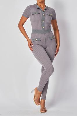 GOLD BUTTON DETAILED KNIT RIBBED JUMPSUIT