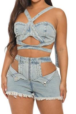 DENIM TOP AND CUT OUT SHORTS SET