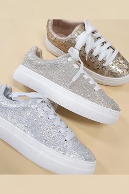 LOW TOP, LACED SNEAKERS WITH RHINESTONE DETAILS
