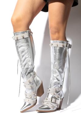 POINTED HEELED BOOT, KNEE HIGH STUDDED STRAP