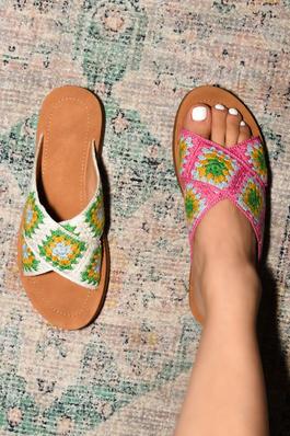 Retro, Floral Crochet, Slide, Flat, Sandals