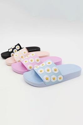 DAISY PRINT DETAIL ONE STRAP OPEN TOE CASUAL SLIDE