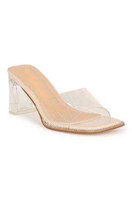 CLEAR ONE STRAP, SLIP ON CLEAR MID BLOCK HEEL