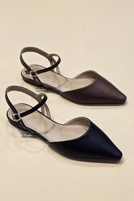 POINTED TOE, OPEN BACK ANKLE STRAP FLATS