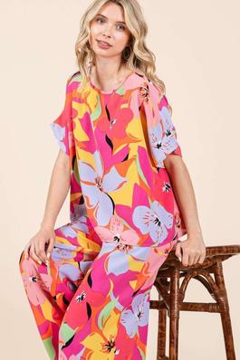 T10502-MULTICOLOR FLOWER PRINT RELAXED TOP