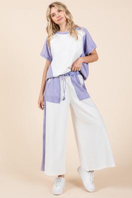 FRENCH TERRY WIDE LEG COLOR BLOCK PANTS