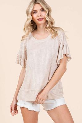 RELAXED FIT RUFFLE SLEEVE WAFFLE KNIT TOP