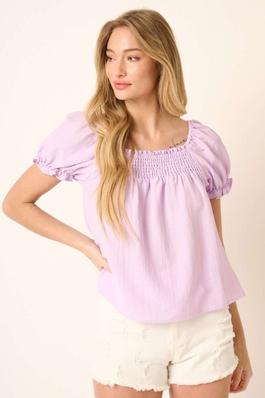 M14991 - TEXTURE SMOCKED PUFF SLEEVE BLOUSE