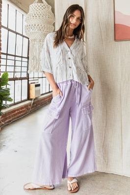 S70597-FRENCH TERRY CARGO WIDE LEG PANTS