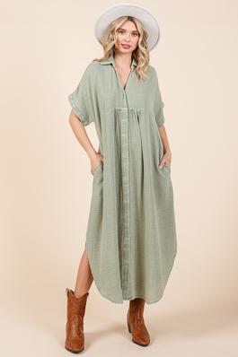 MINERAL WASH V NECK BUTTON UP RELAXED MIDI DRESS