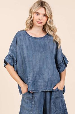 WASHED CHAMBRAY RUFFLE SLEEVE RELAXED FIT TOP