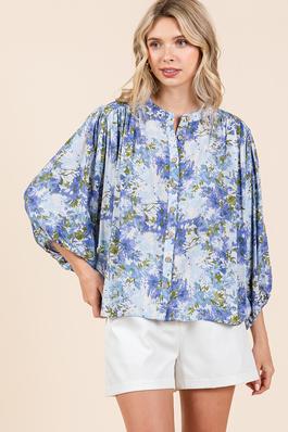 FLOWER PRINT BATWING SLEEVE BUTTON DOWN BLOUSE