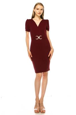 V-neck sheath dress with buckle accent
