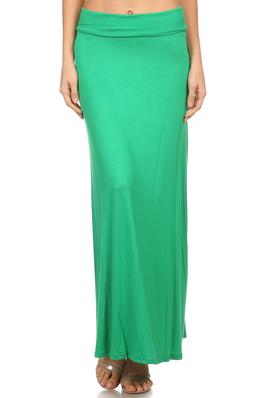 Solid jersey knit a-line maxi skirt with fold over waistband