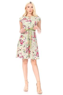 Floral print short sleeve dress with a round neckline