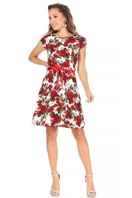 Floral print short sleeve dress with a round neckline,
