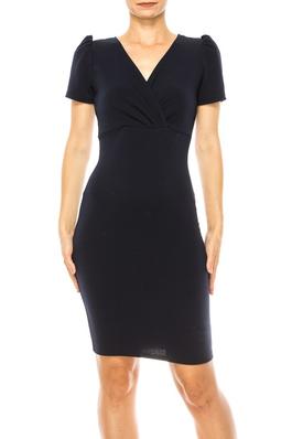 Solid, sheath dress with deep v-neckline and puff sleeves.