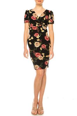 Floral print, sheath dress with deep v-neckline and puff sleeves