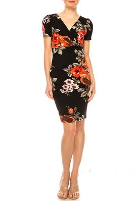 Floral print, sheath dress with deep v-neckline and puff sleeves