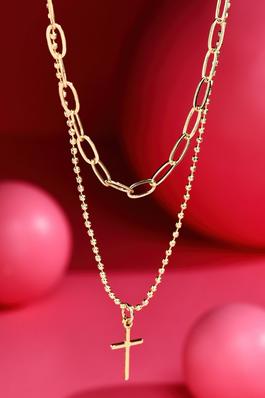 Brass 2-Layered Cross Pendant Chain Link Necklace