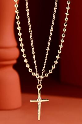 Brass 2-Layered Necklace with Pave Cross Pendant