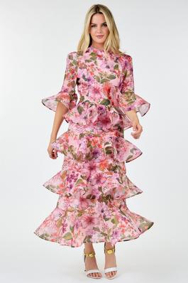 ROUND NECK TIERED FLORAL-PRINT MAXI DRESS