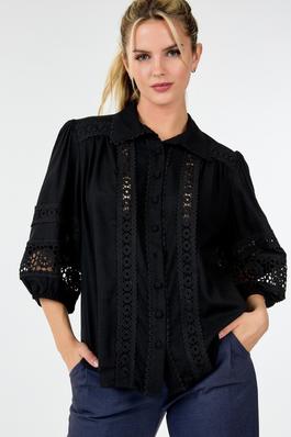 LACE BUTTON-UP 3/4 SLEEVE TOP