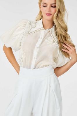 Bubble Sleeve Embroidered Collar Top