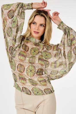 Open Back Bubble Sleeve Printed Top