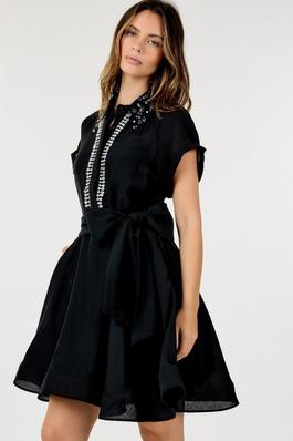 Belted Crystal-Embeliished Organza Short Dress
