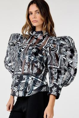 Bubble Sleeve High Neck Printed Top
