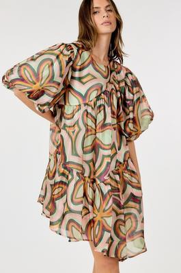 Multi-print Bubble Sleeve Loose Dress