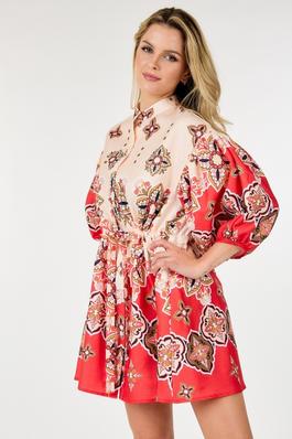 Patterned-Print 3/4 Sleeve with Waist Tie