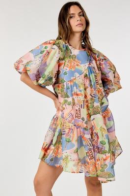 Bubble Sleeve Multi-Colored Loose Dress