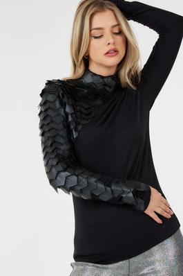 Long Sleeve Scale Leather Turtleneck Top