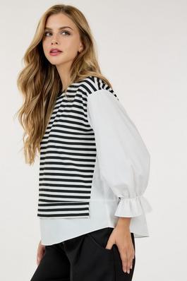 Contrast Puffy Sleeve Stripe Knit Pullover Top