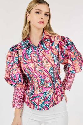 Puff Sleeve Print Button Up Blouse - PLUS