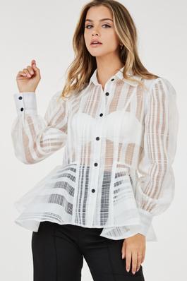 Button Up See Through Long Sleeve Top - PLUS