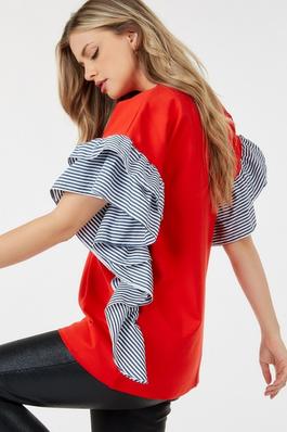 Flare Striped Sleeve Round Neck Top