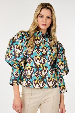 Puff Sleeve Button Down Printed Top