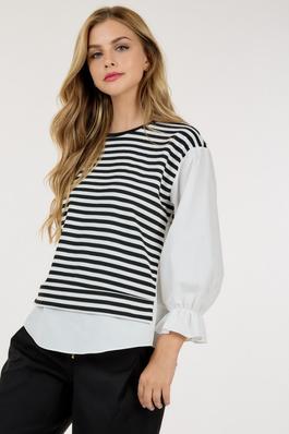 Contrast Puffy Sleeve Stripe Knit Pullover Top