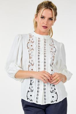 Lace Crochet Button Up 3/4 Sleeve Top