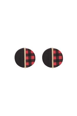 ROUND WOOD RED CHECK TWO TONE STUD EARRINGS