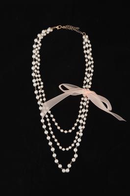 Ribbon and Pearl Beaded Layered Chain Necklace