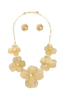 Metal Flower and Pearl Necklace Set