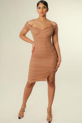 OFF SHOULDER BODYCON RUCHED DRESS.
