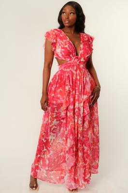 FLORAL PATTERN RUFFLE AND RING TRIM MAXI DRESS