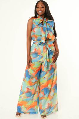 MOCK NECK TIE SLEEVELESS TOP AND WIDE PANT SET