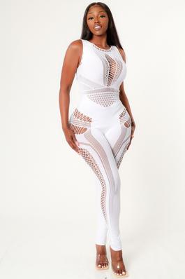 SOLID HOLE PATTERN SLEEVELESS BODYCON JUMPSUIT. 