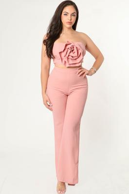 FLOWER TRIM TUBE CROP TOP AND FLARE PANT SET